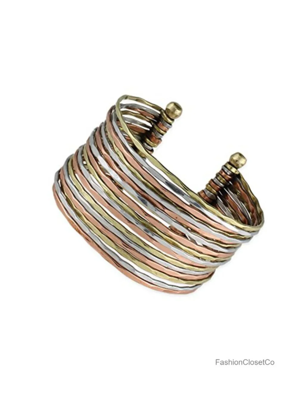 Mixed Metal Cuff Bracelet: Adjustable, Hammered Finish, Three Tone